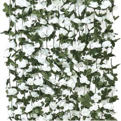 New  72 FT Artificial Flower Garland, Fake White Roses Vines Silk Flowers Faux Plastic Outdoor Hanging Floral Ivy Garland Decoration for Wedding Arch 