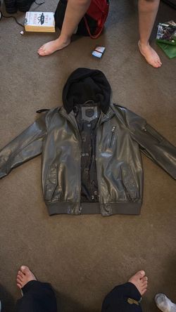 Olive Green Leather Bomber Jacket with Hood