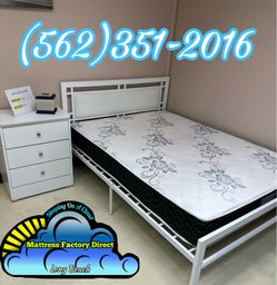 Full size new bed frame with mattress and night stand chest