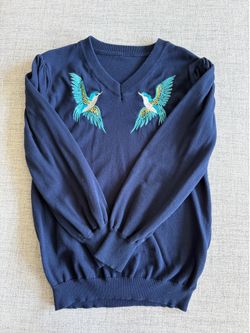 Oxknit Women's Blue Embroidered Bird Sweater - Size XL