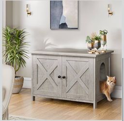 Cat Litter Box Enclosure, Litter Box Furniture Cabinet Hidden with Removable Divider, Wooden Cat House with End Table, Ash Oak Grey, 30.5 inch