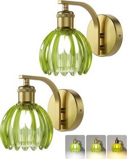 Vintage Brass Hardwired Wall Sconces with Green Tulip Glass Shade (Green & Gold)