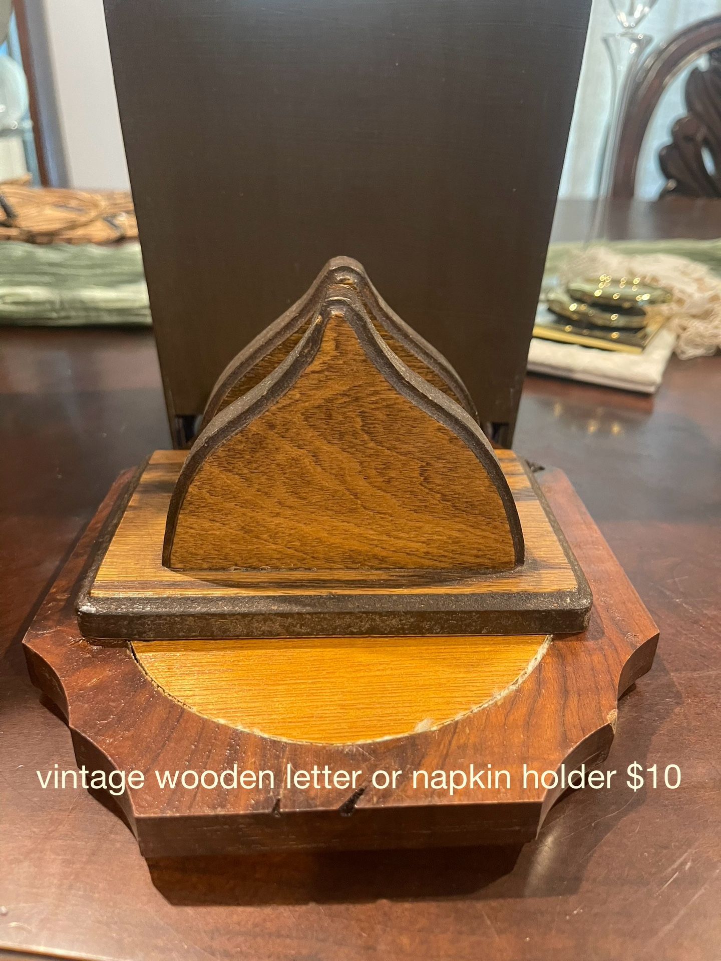 vintage wooden letter or napkin holder