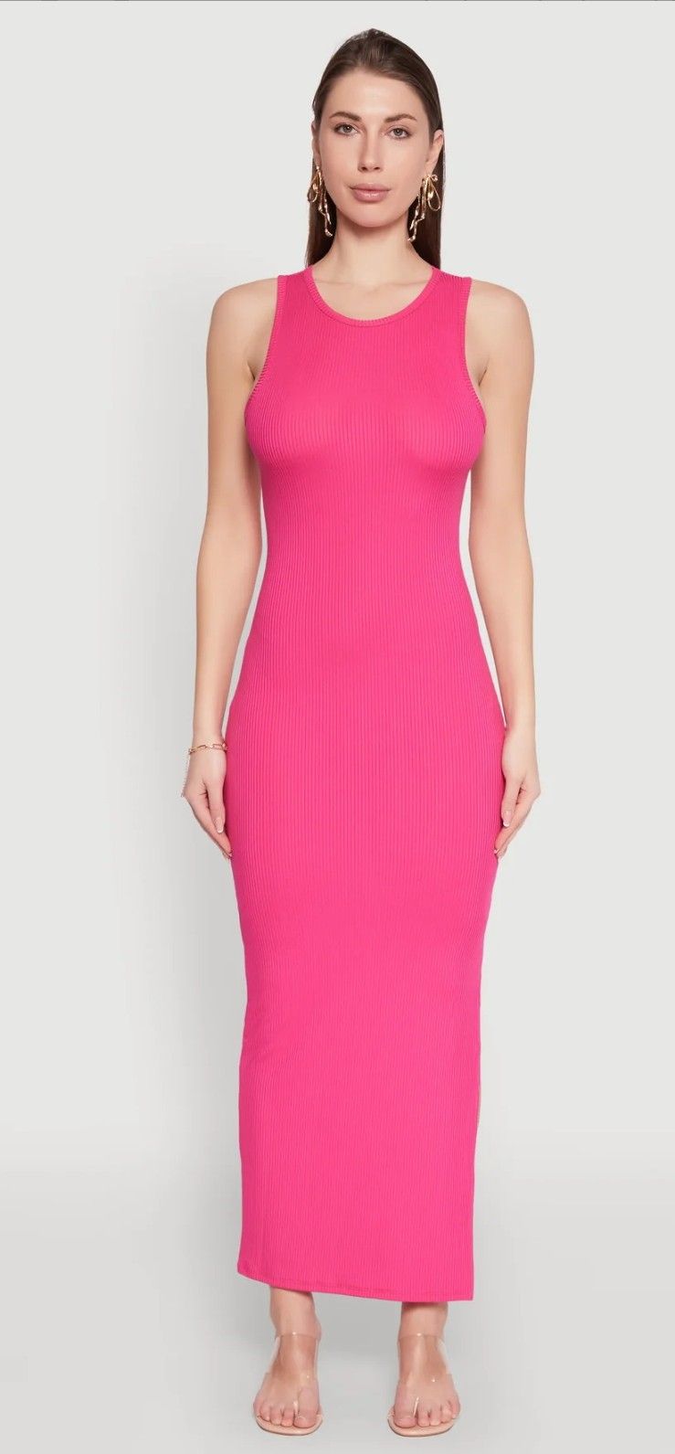 Flattering Ribbed Knit Fuchsia Maxi Tank Dress