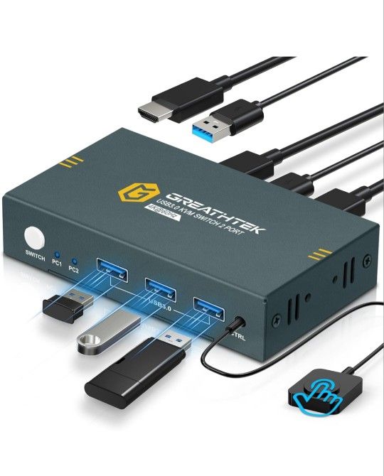 USB3.0 KVM Switch 2 Port HDMI, 4K@60Hz KVM Switch 1 Monitors 2 Computers with 3 USB3.0 Ports, HDMI KVM Switches for 2 PCs Share 1 Monitors 