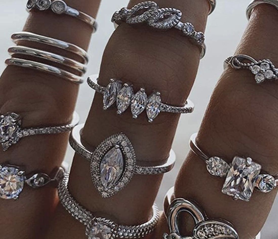 15Pcs/Set Bohemian Women Heart Rhinestone Stackable Finger Ring Jewelry Gift Silver. WILL SHIP ANYWHERE!!