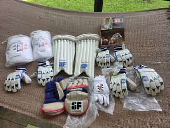 New Cricket Gear, gloves, pads, keeper glove pair, batting glove, ball, cricket sport equipment