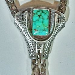 Sterling Silver 925 Cowboy Western Bolo Tie With Turquoise Stone And Rotating Spur