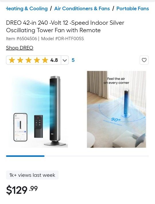 DREO 42-in 240 -Volt 12 -Speed Indoor Silver Oscillating Tower Fan