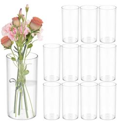(121212-3) 12 PCS Plastic Cylinder Vase 8 Inch Cylinder Vase Bulk Clear Flower Container Hurricane Candle Holder Round Wide Container Centerpiece for 