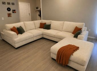 Cream Corduroy L-Shaped Sectional Sofa