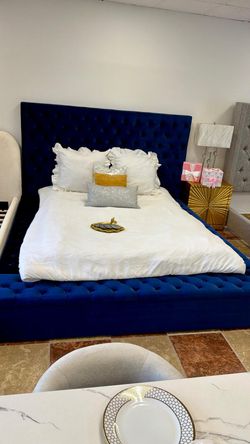 Navy Blue Velvet Tufted Upholstered Bed Frame + memory foam mattress super sale 👌