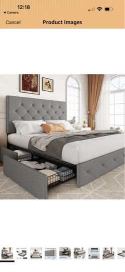Queen Size Gray Bed Frame with Storage Drawers