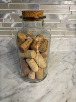 Decorative Glass Bottle filled with assorted recycled wine Corks and Classic Corked Topper Lid