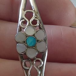 Vtg.Small Sterling Silver "Flower" Mop& Turquoise Cuff Bracelet
