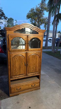 Oak Wood Armoire Cabinet with Glass Doors