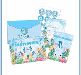 12Pcs Blue Axolotl Birthday Party Supplies Invitation Cards with Envelopes and Stickers for Blue Axolotl Birthday Party $3 each or $50 all 34 packs