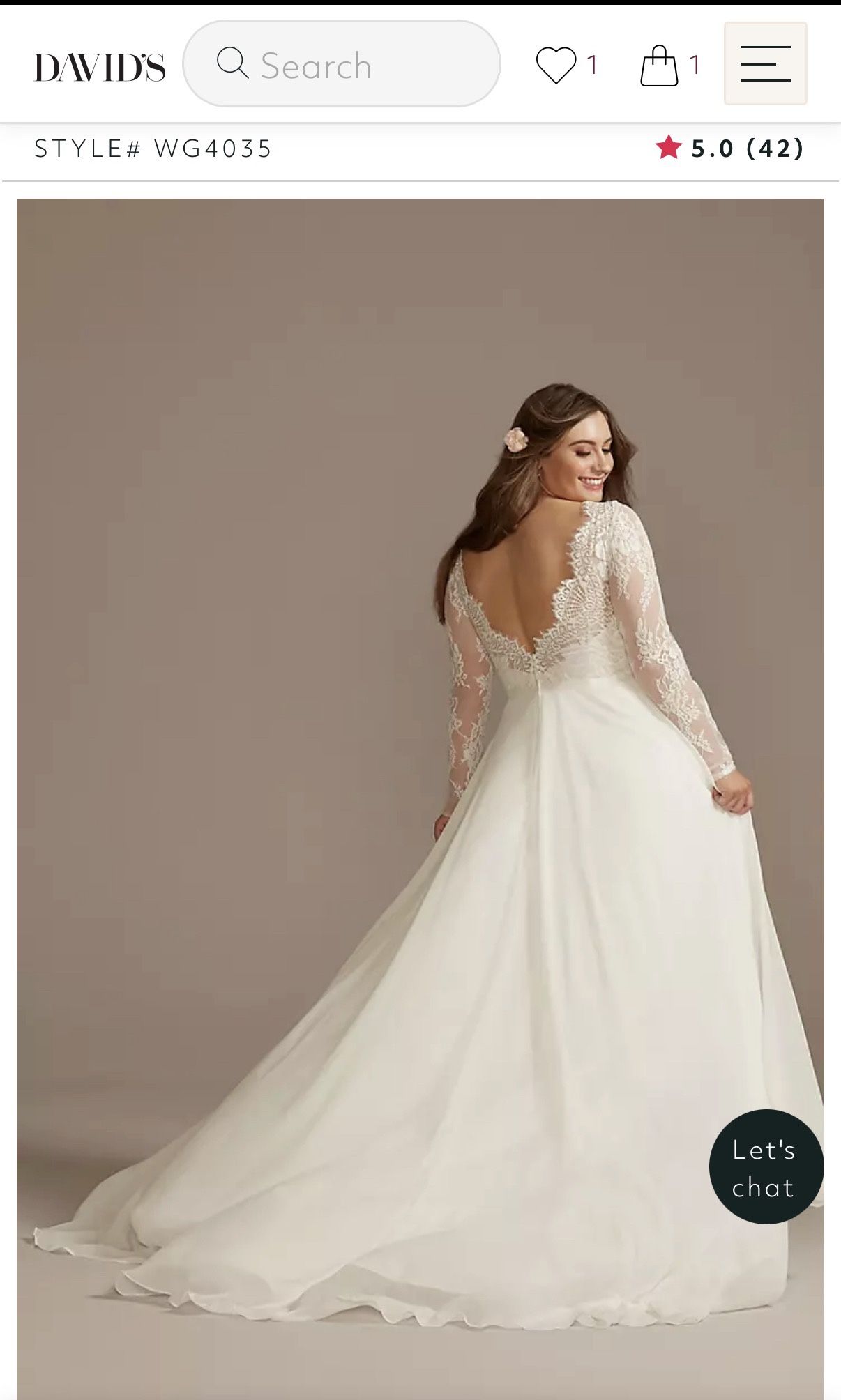 David's Bridal Long Sleeve Plunge Lace Chiffon Wedding Dress New
