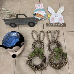 Easter Holiday Decor Lot: Bunny Wreaths, Metal decor and Mickey Easter Basket Lot of 5 items