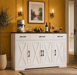 55.1'' White Sideboard with 3 Drawers, Adjustable Shelves.
