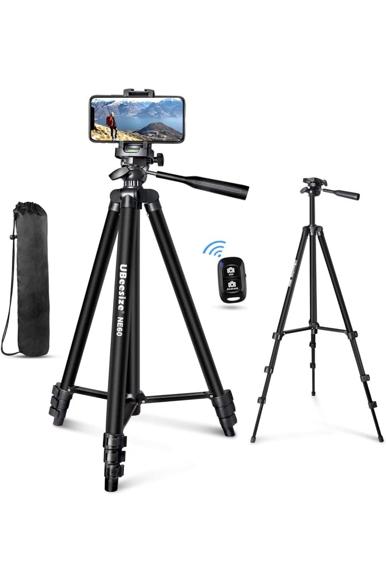 UBeesize 60” Phone Tripod with Carry Bag & Cell Phone Mount Holder for Live Streaming, Extendable Travel Lightweight Tripod Stand with Smartphone Wire