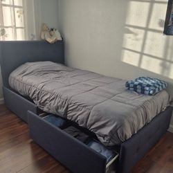 Twin size bed with under-bed drawers for storage