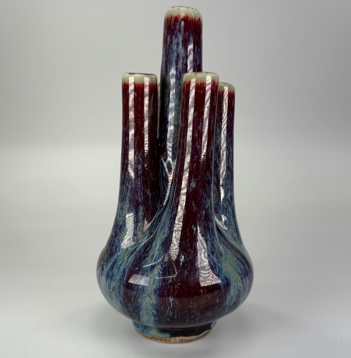 Chinese Red Purple Jun Type Porcelain Five Tube Vase Qianlong Mark 20th Century
