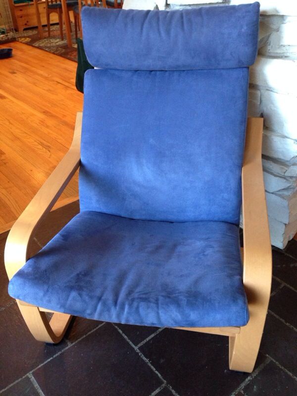 Ikea Poang Chair With Blue Suede And Orange Wool Cushions For Sale