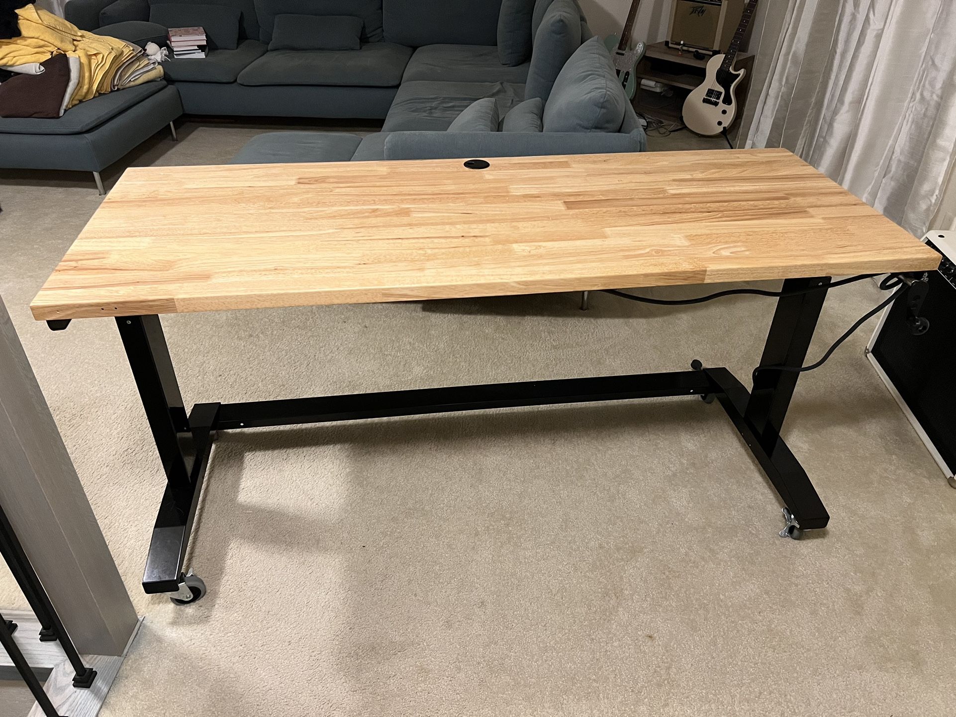 (Like New) Husky 62 in. W × 24 in. D Adjustable Height Solid Wood Top Workbench Table in Black