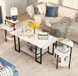 AWQM Faux Marble Table Set,Coffee Table & 2 Side Table, Faux Marble Tabletop and Metal Frame, 3 Piece Table Sets, for Living Room Apartment,White & Bl