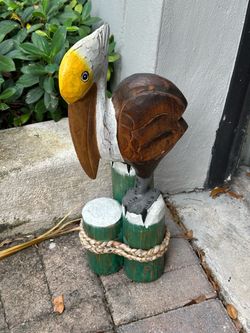 Outdoor Garden Wooden Pelican Statue on Pilings h 19