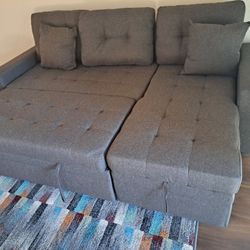 GRAY Linen Sectional Sofa W/storage Chaise And Pullout Bed