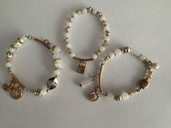 NEW Set of 3 Gold Boho Charm Stretch Bracelets Milky White Beads Crystals