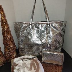 Michael Kors Metallic Monogram Travel Tote & Wallet Set