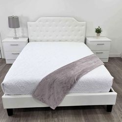 Queen Bed White Upholstery 