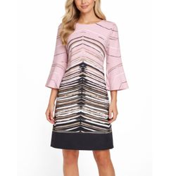 ILE New York Abstract Chevron Bell Sleeve Sheath Dress Pink Black White Size 12