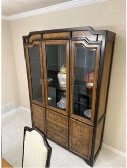 Vintage Stanley Burl Wood Lighted China Cabinet