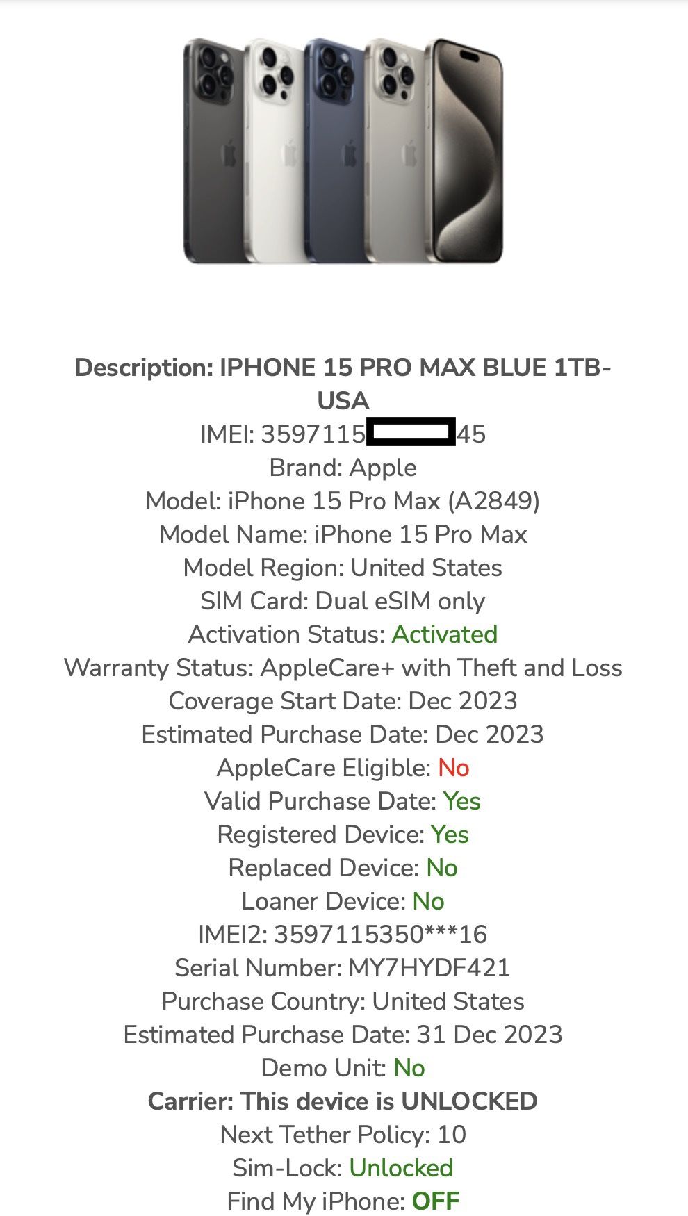 iPhone 15 Pro Max 1TB Blue Titanium w/Mophie Juice Pack Battery Case