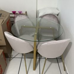 Glass Dining Table W/ 4 Pink And Good Chairs 