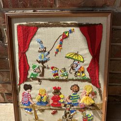 Large Vintage Crewel Puppet Show Wall Art 1970’s