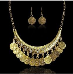 Antique Gold Gypsy Fringe Tassel Crystal Carved Coins Necklace Jewelry Sets