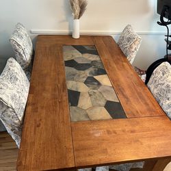 Solid Wood Dining Table W/stone Inlay + 6 Dining Chairs With Covers Included