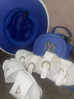blue and white shoes , purse and hat
