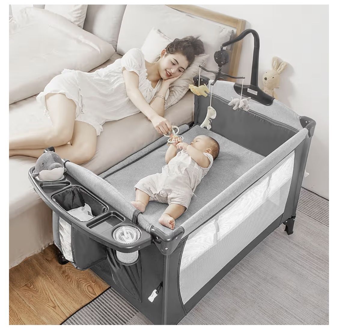 5-in-1 Pack and Play, Baby Bassinet Bedside Sleeper with U-Shaped Diaper Changer, Portable Toddler Playard for Newborn to Toddlers, Baby Crib with 4 A