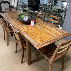 Natural Brown Dining Room Set / 7pc   wood-tone finish Sheesham wood