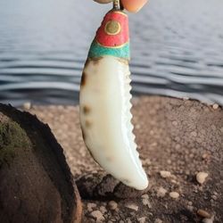 Vintage & Unique Fish & Sword Shape Ethnic Tribal Shell Amulet Pendant 3”inch & 11grams