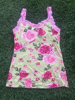 VTG Y2K Charlotte Russe pink rose floral tank top with lace trim large stretch  #fairycore #cottagecore