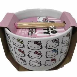 Hello Kitty Ceramic Noodle Bowl With Chopsticks New