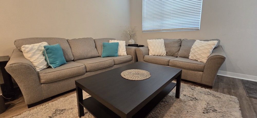 Sofa Set – 3-Seater + 2-Seater Loveseat – Light Grey Fabric – $150 (Includes Rug!)