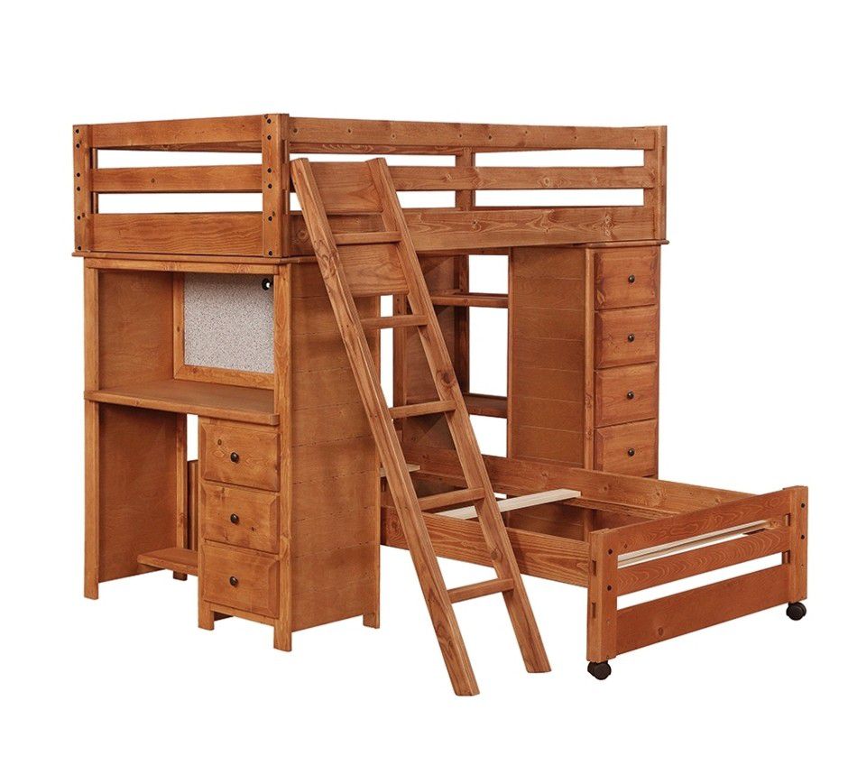  Coaster Twin Wooden Loft Bed With Bed And Several Storage Shelves - Amber Wash Finish